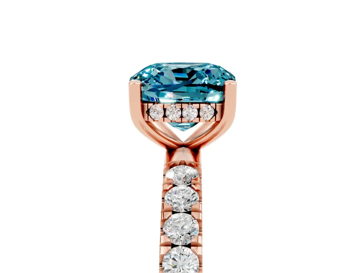 Cushion Cut Blue Topaz Pave Band Solitaire Ring with Round and Prong Setting Rose gold