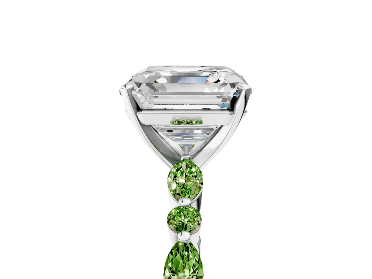 Asscher Cut Diamond Ring with Marquise and Round Peridot Side Stones and Four-Prong Setting Platinum