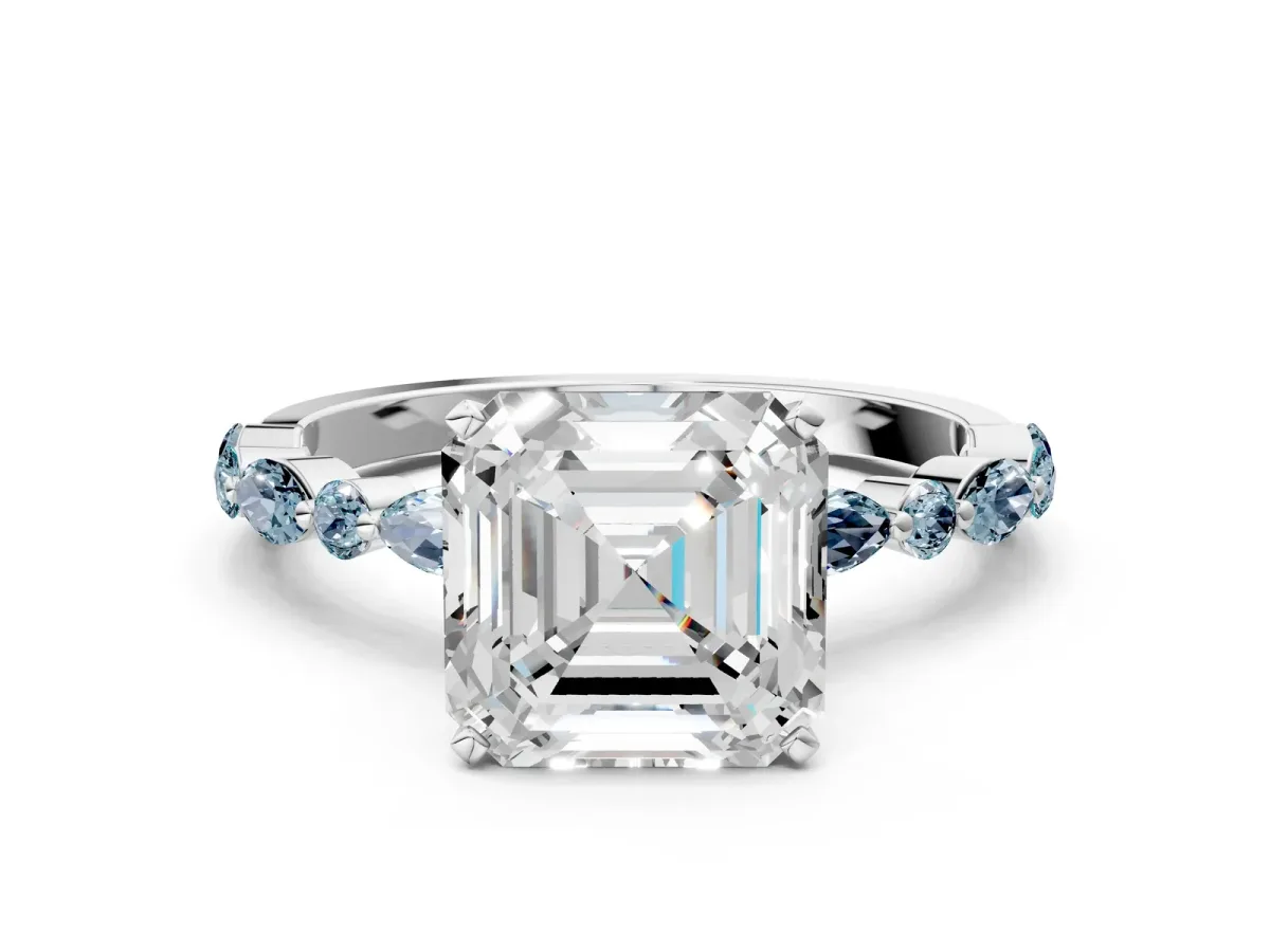 Asscher Cut Diamond Ring with Marquise and Round Aquamarine Side Stones and Four-Prong Setting Platinum