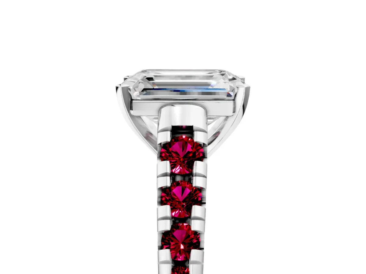 Emerald Cut Diamond Cathedral Solitaire Ring with Round Garnet Pavé Band Silver