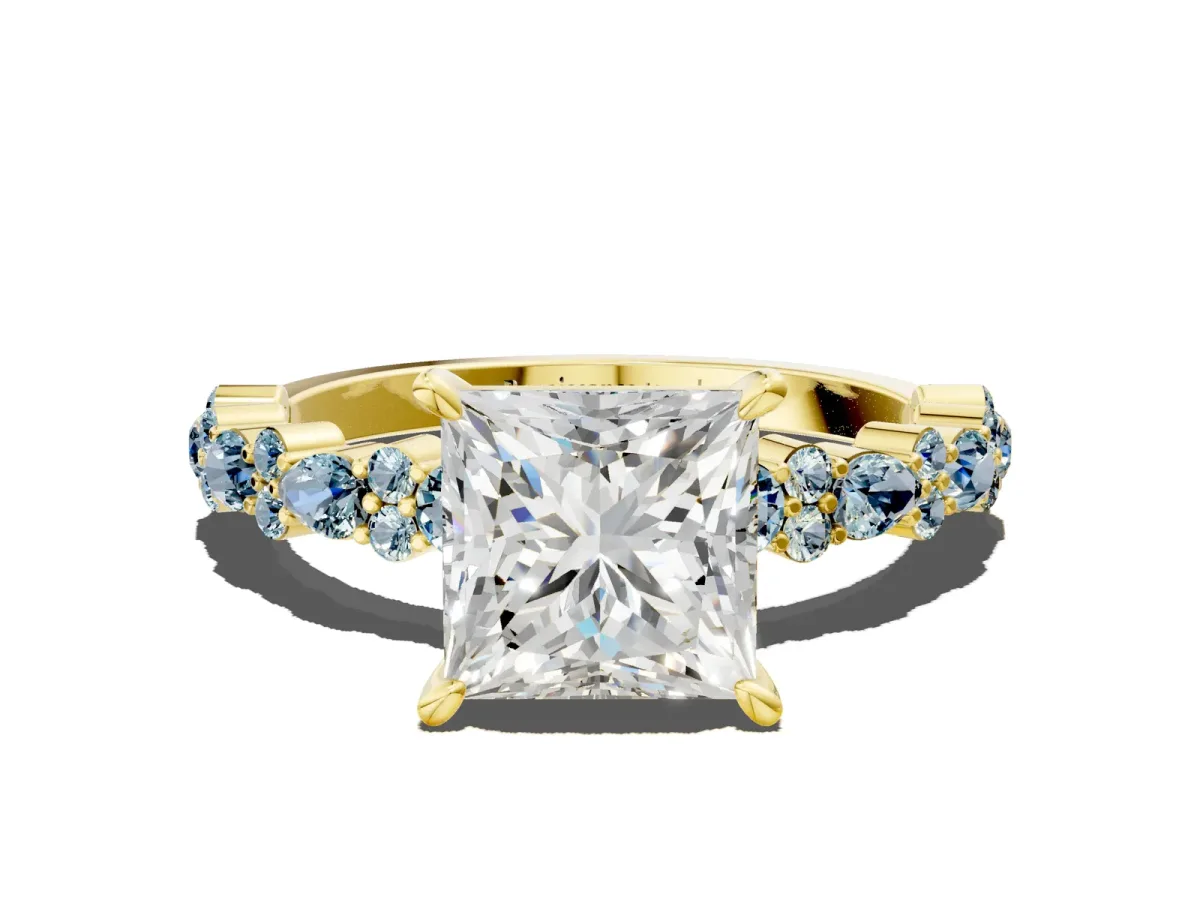 Princess Cut Diamond Side Stone Solitaire Ring with Round Aquamarine and Four-Prong Setting Yellow gold