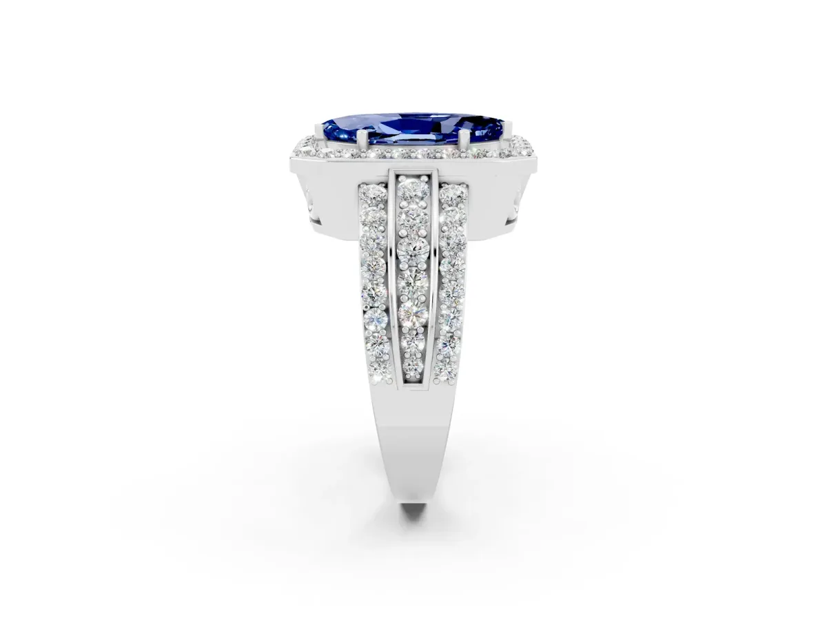 Marquise Cut Halo Blue Sapphire Ring with Round Split Shank and Prong Setting White gold