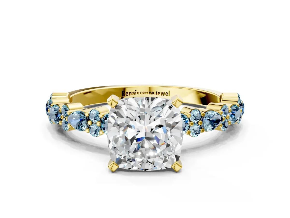 Cushion Cut Diamond Side Stone Solitaire Ring with Round Aquamarine and Four-Prong Setting Yellow gold