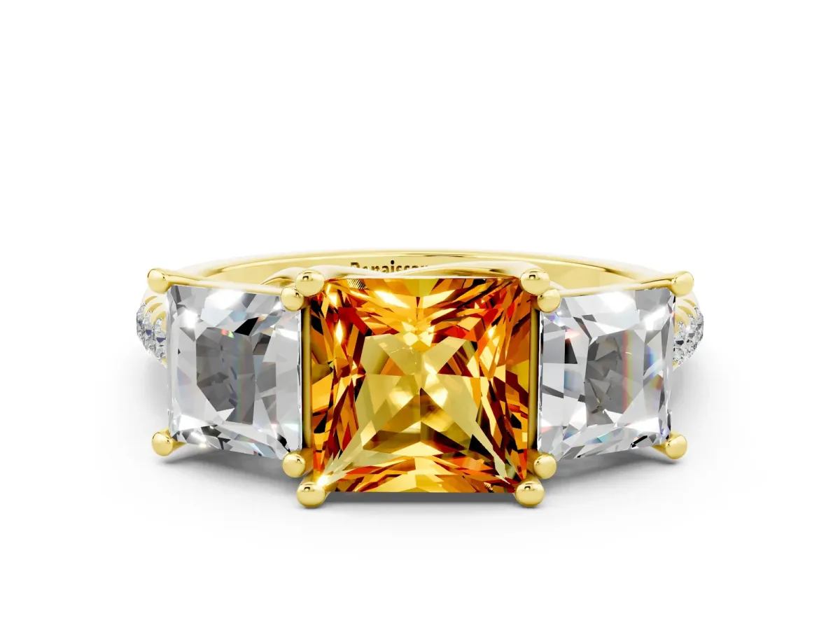 Three-Stone Princess Cut Citrine Ring with Round Pavé Band and Prong Setting Yellow gold