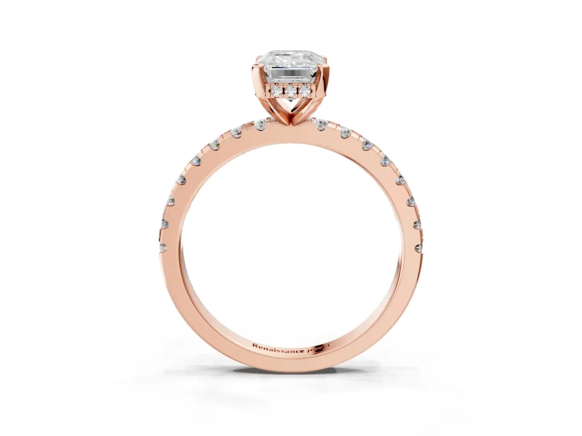 Emerald Cut Diamond Solitaire Ring with Round Pavé Band and Four-Prong Setting Rose gold