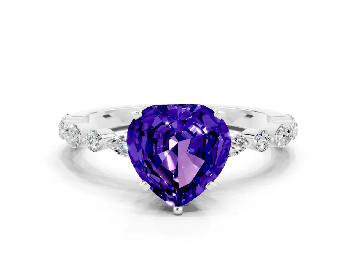 Heart Cut Tanzanite Ring with Marquise and Round Side Stones and Four-Prong Setting Silver