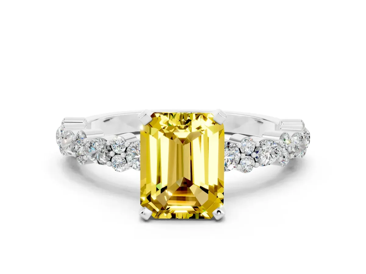 Emerald Cut Yellow Sapphire Side Stone Solitaire Ring with Round and Four-Prong Setting White gold