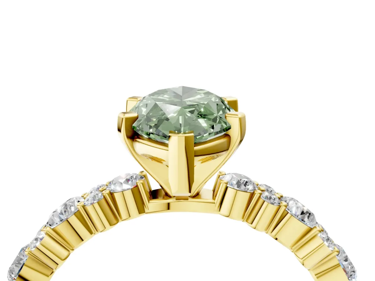 Fancy Green Marquise Cut Diamond Side Stone Solitaire Ring with Round and Four-Prong Setting Yellow gold