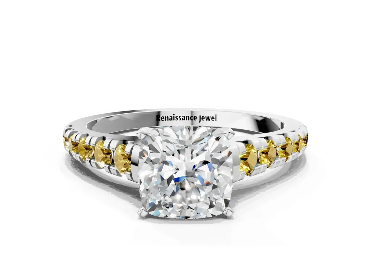 Cushion Cut Diamond Cathedral Solitaire Ring with Round Yellow Sapphire Pavé Band Silver
