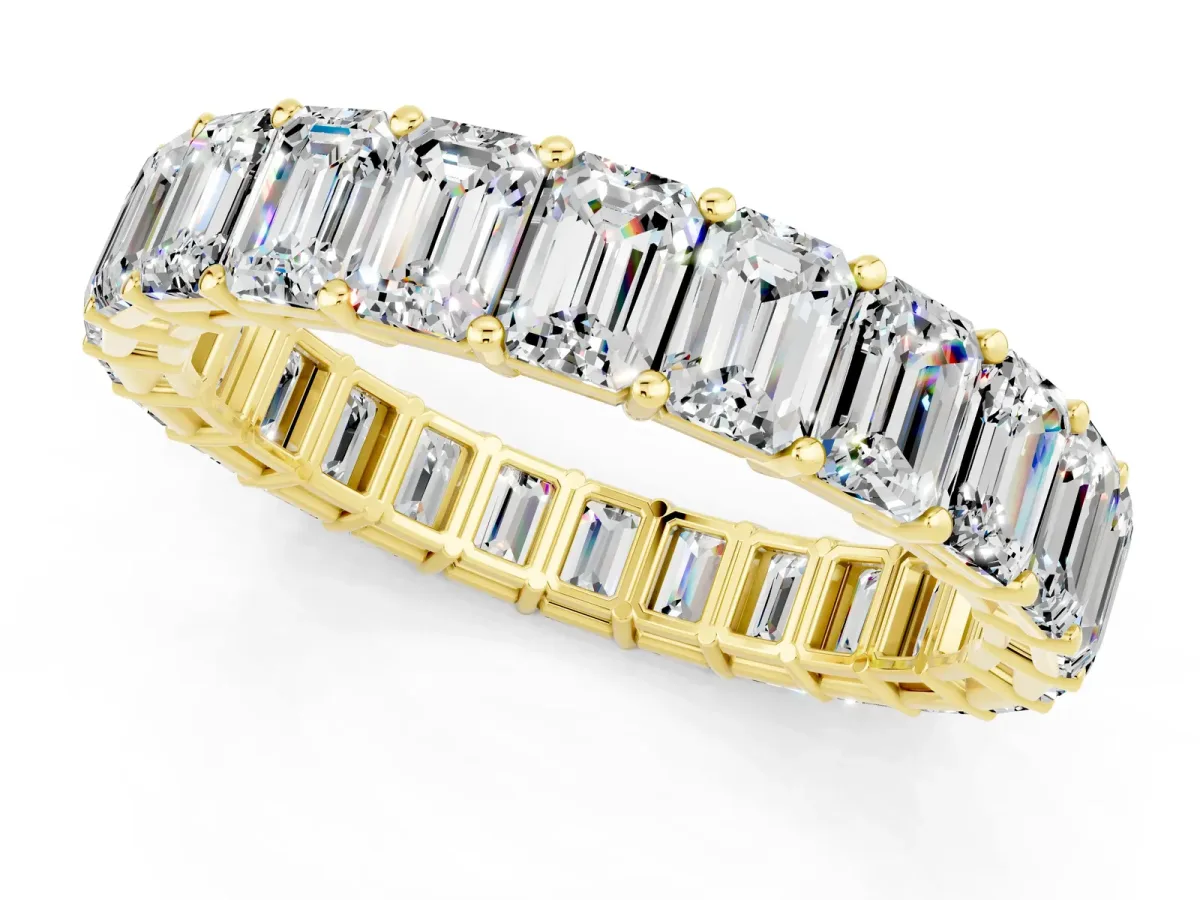 Emerald Cut Moissanite Eternity Band with Shared Prong Setting Yellow gold