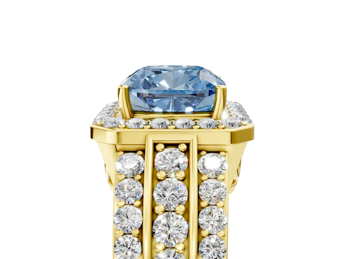 Fancy Blue Cushion Cut Halo Diamond Ring with Round Split Shank and Prong Setting Yellow gold