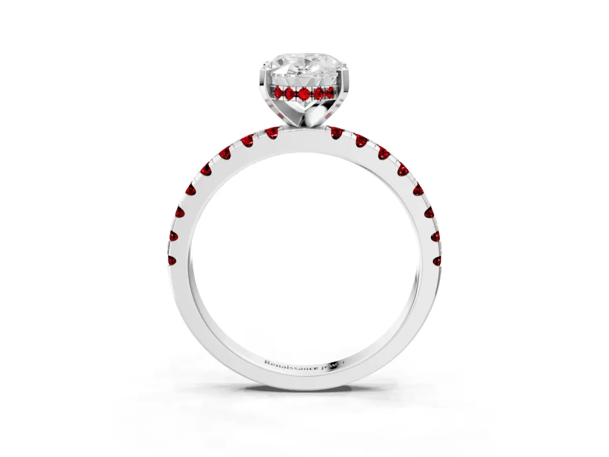 Oval Cut Diamond Solitaire Ring with Round Ruby Pavé Band and Four-Prong Setting Platinum