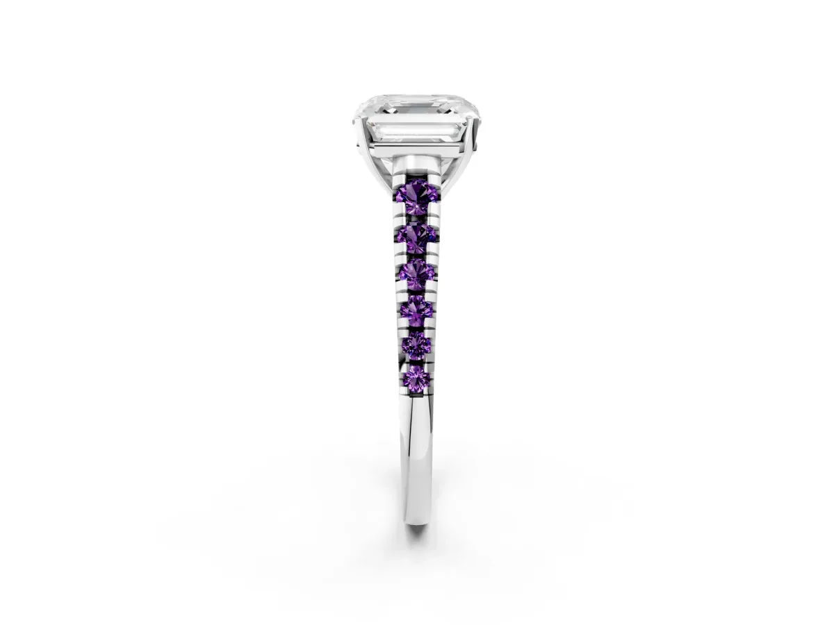 Asscher Cut Diamond Cathedral Solitaire Ring with Round Amethyst Pavé Band Platinum