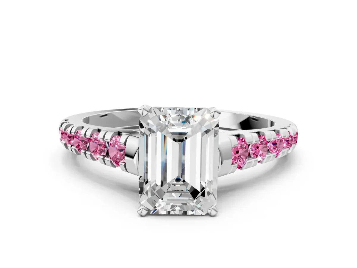 Emerald Cut Diamond Cathedral Solitaire Ring with Round Pink Sapphire Pavé Band Platinum