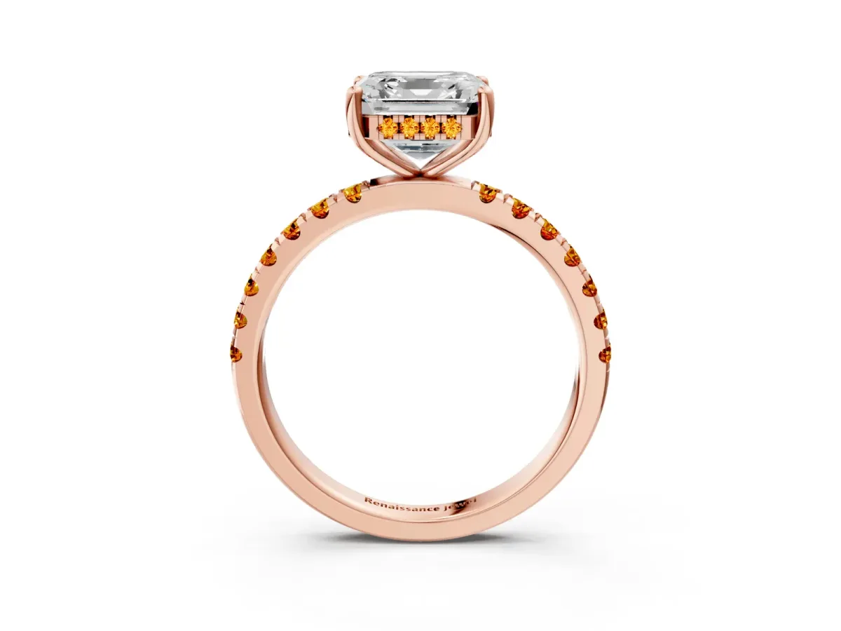Asscher Cut Diamond Pave Band Solitaire Ring with Round Citrine and Prong Setting Rose gold