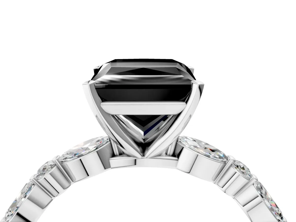 Fancy Black Princess Cut Diamond Ring with Marquise and Round Side Stones and Four-Prong Setting Silver