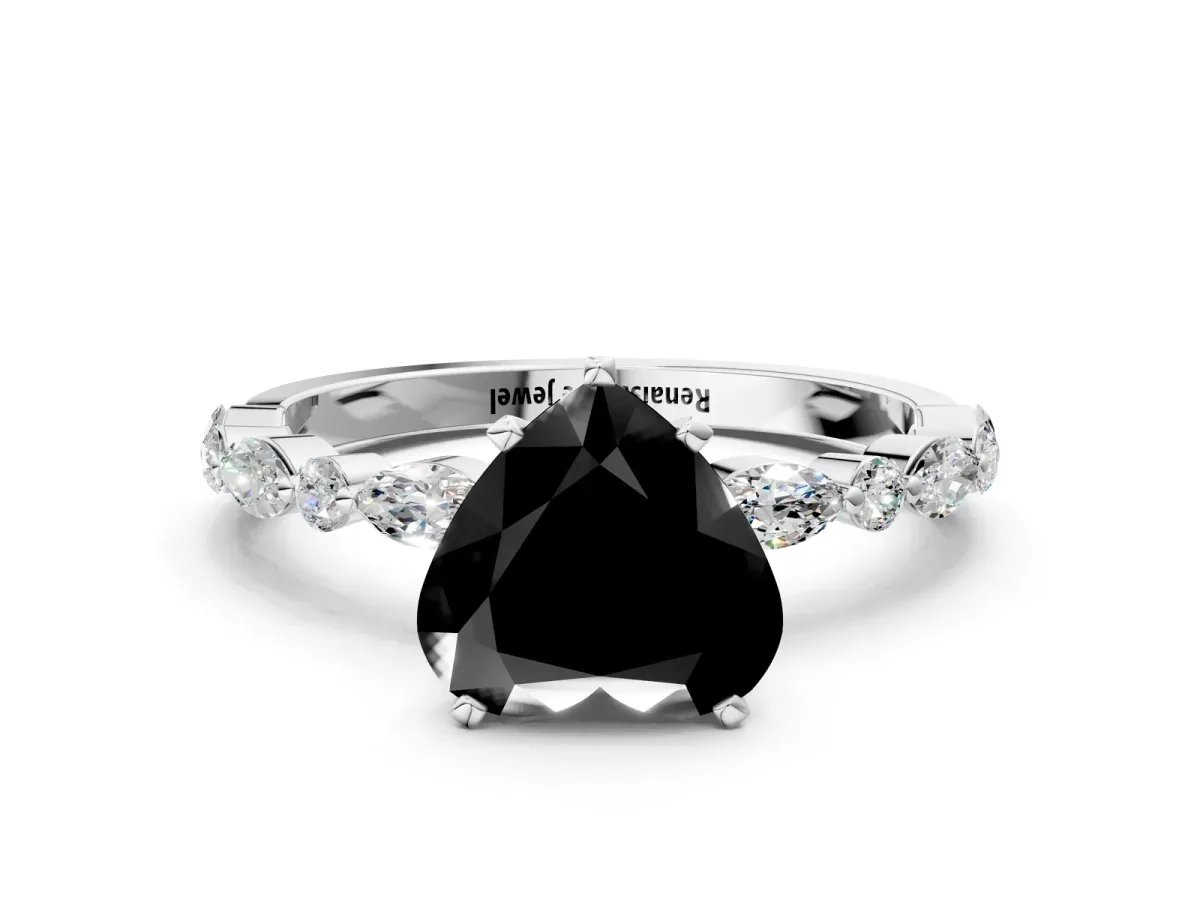 Fancy Black Heart Cut Diamond Ring with Marquise and Round Side Stones and Four-Prong Setting Silver