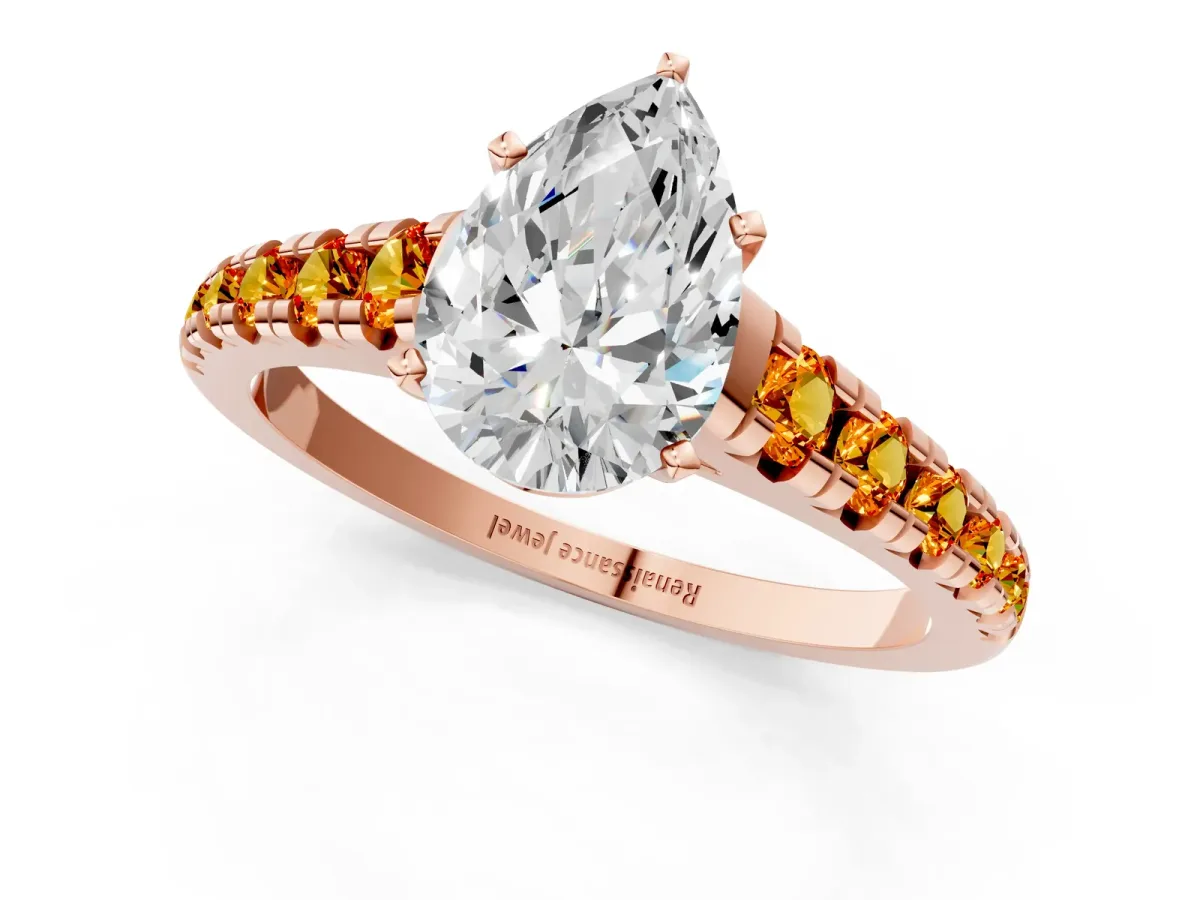 Pear Cut Diamond Cathedral Solitaire Ring with Round Citrine Pavé Band Rose gold