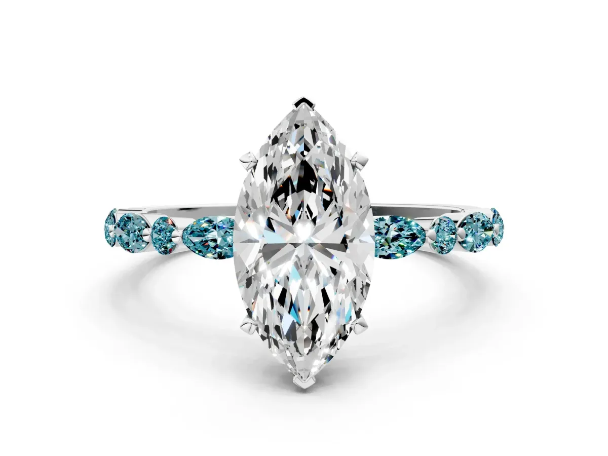 Marquise Cut Diamond Ring with Marquise and Round Blue Topaz Side Stones and Four-Prong Setting Platinum