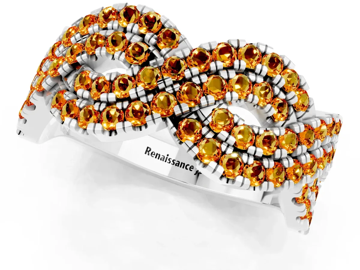 Pavé Round Citrine Infinity Twist Band with Shared Prong Setting Platinum