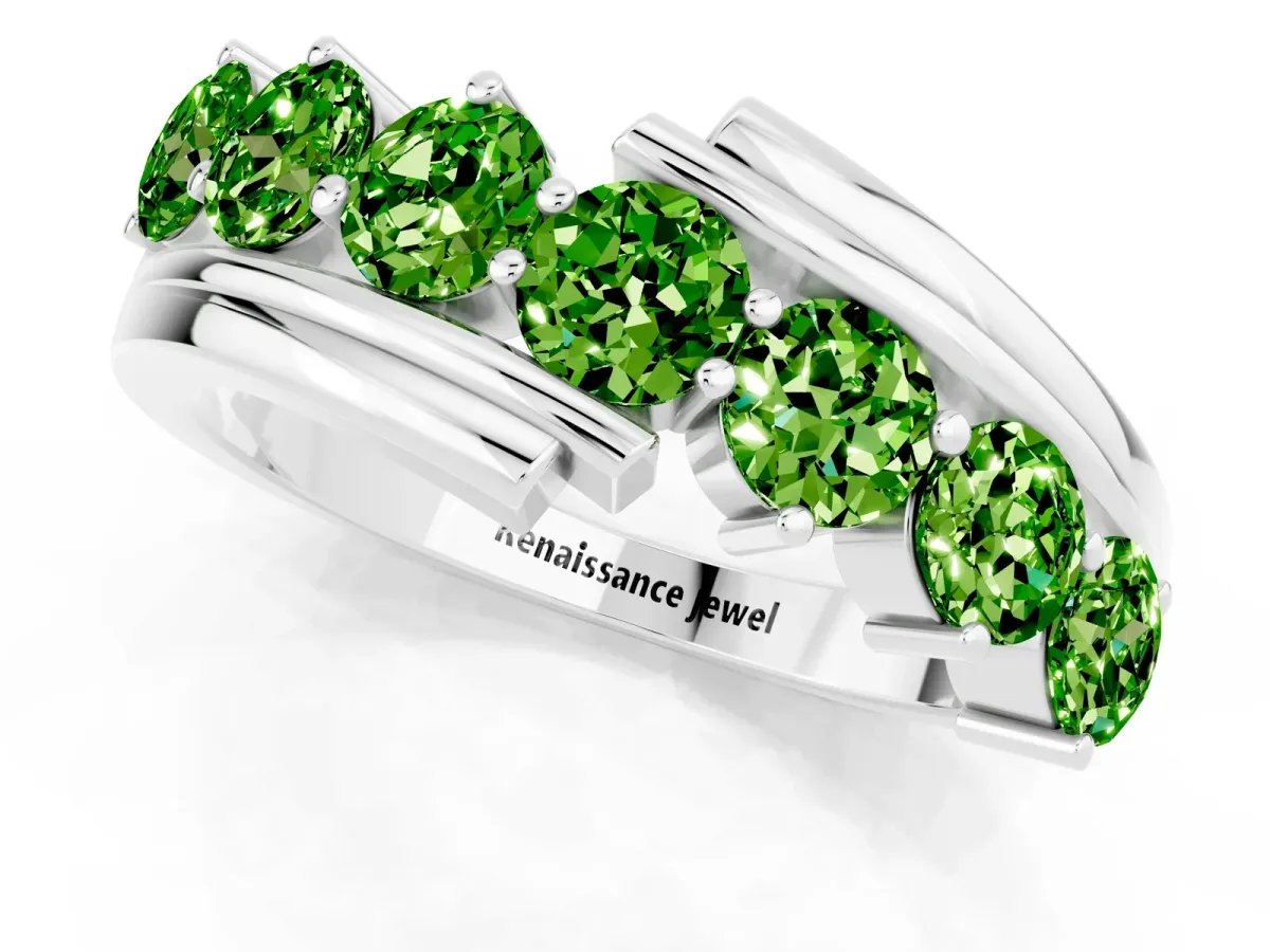Round Peridot Wave Band with Channel and Shared Prong Setting Silver