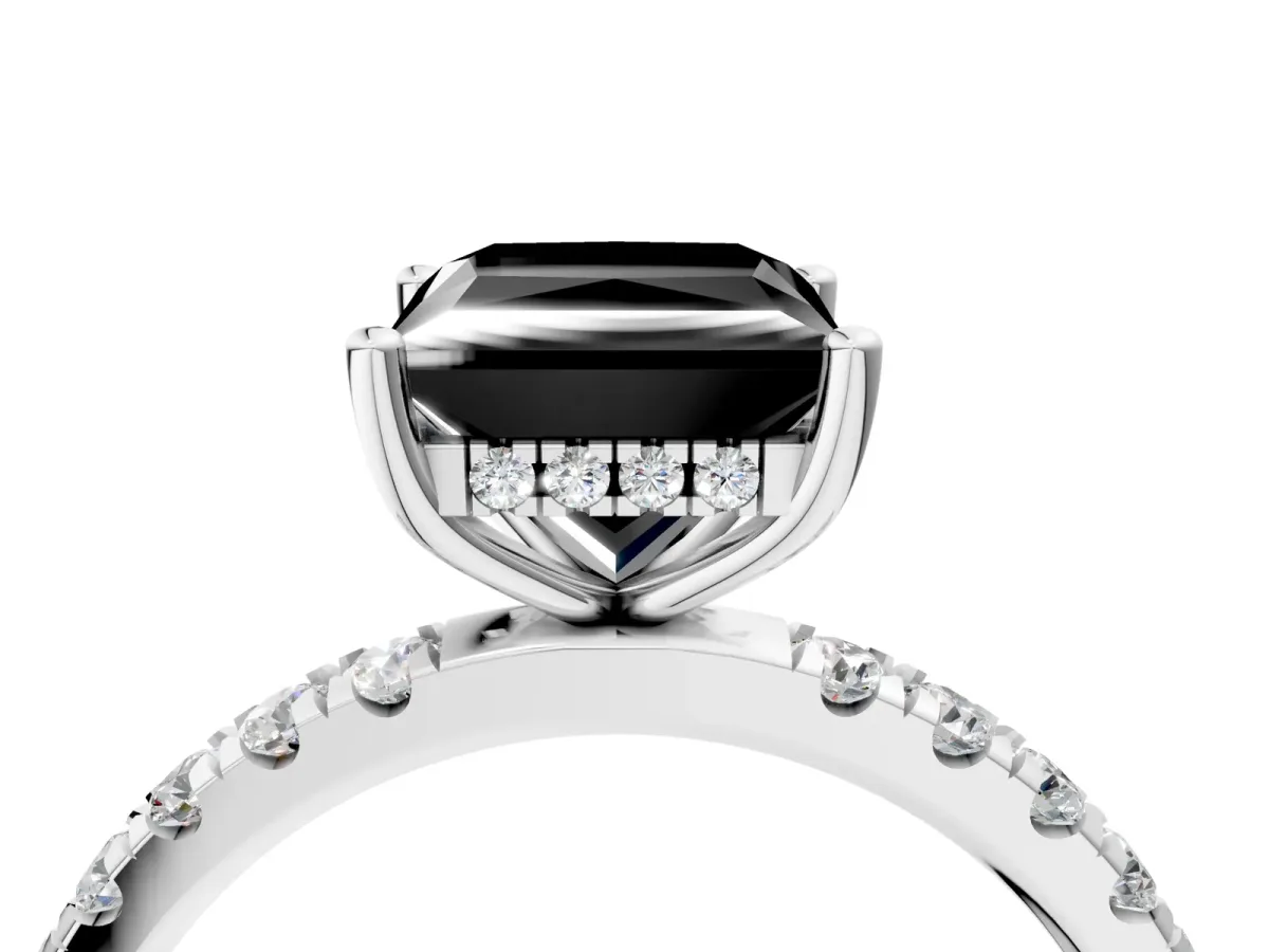 Fancy Black Princess Cut Diamond Pave Band Solitaire Ring with Round and Prong Setting Silver