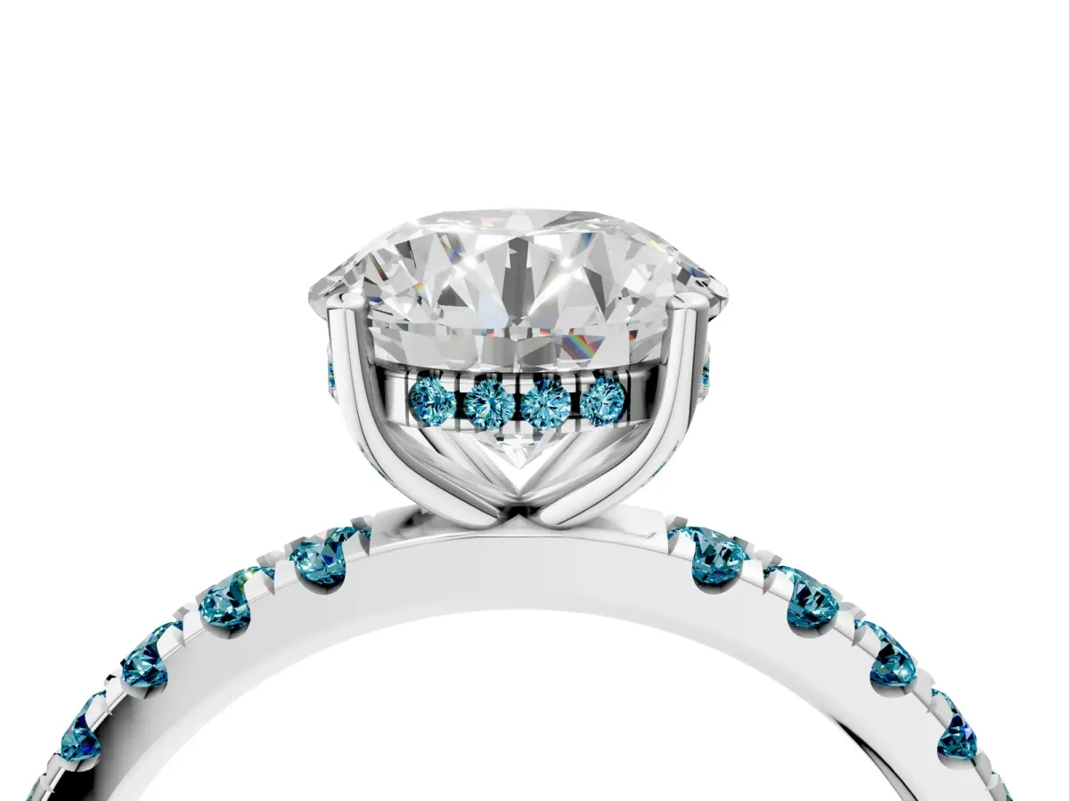 Round Cut Diamond Pave Band Solitaire Ring with Round Blue Topaz and Prong Setting Platinum