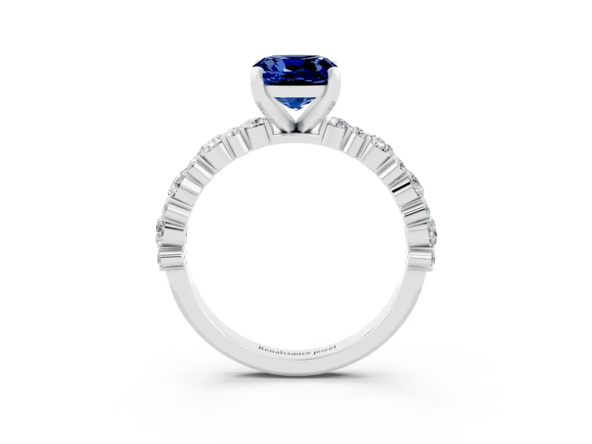 Cushion Cut Blue Sapphire Side Stone Solitaire Ring with Round and Four-Prong Setting Platinum