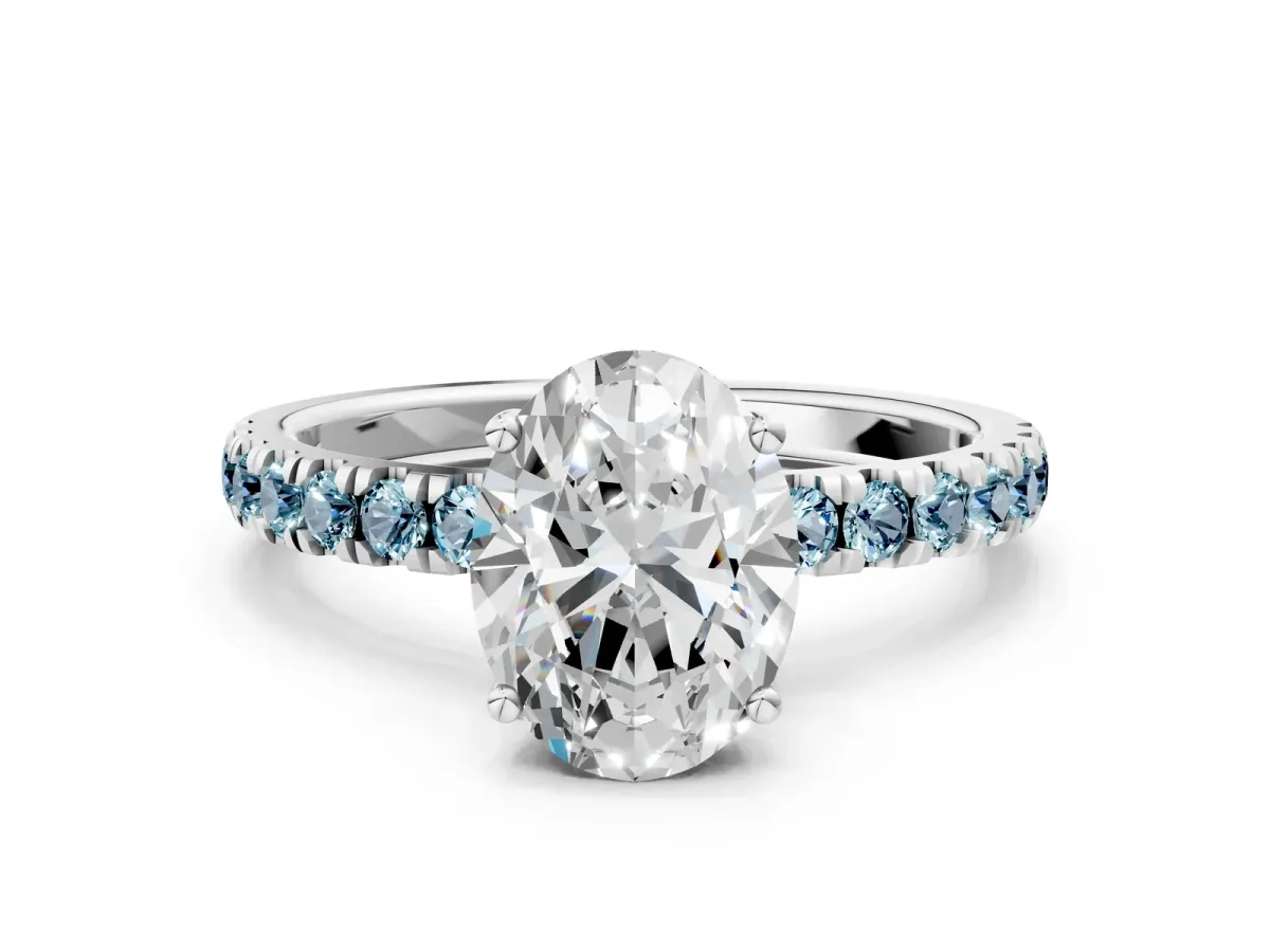 Oval Cut Diamond Pave Band Solitaire Ring with Round Aquamarine and Prong Setting Platinum