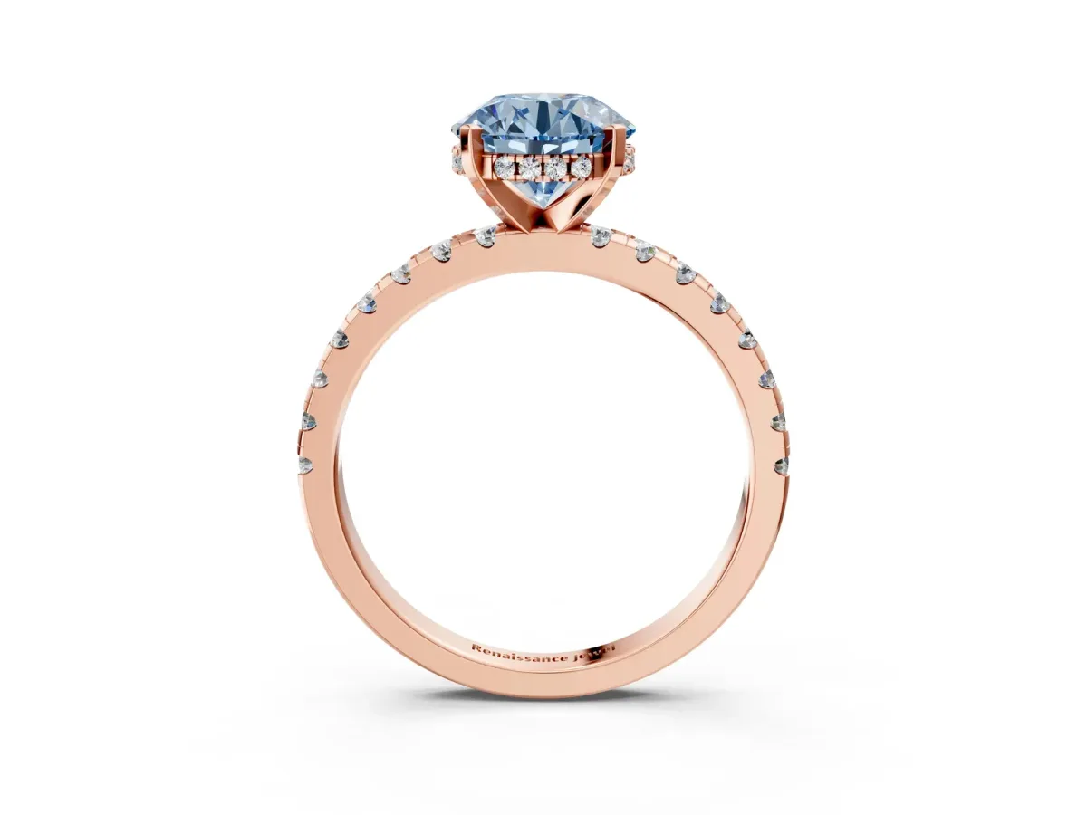 Fancy Blue Round Cut Diamond Solitaire Ring with Round Pavé Band and Four-Prong Setting Rose gold