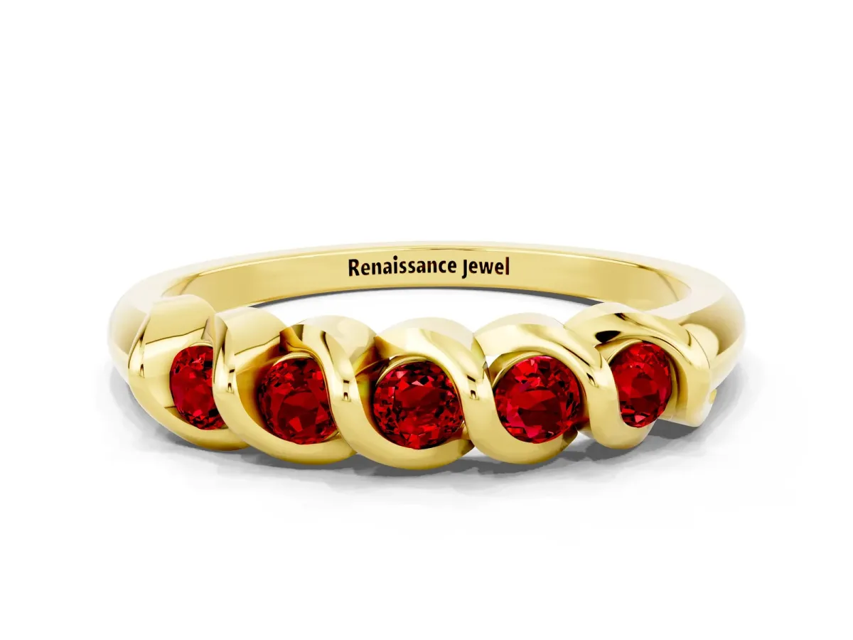 Round Ruby Eternity Band with Twist Prong Setting Yellow gold