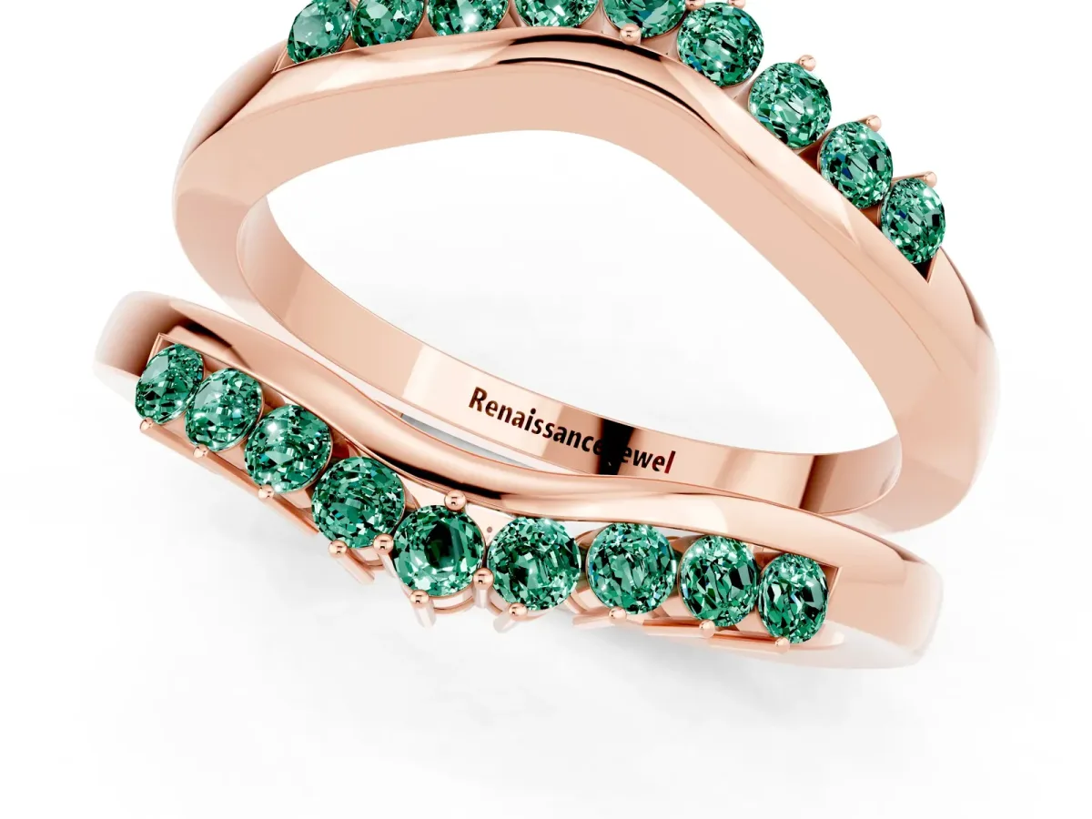 Round Green Sapphire Chevron Contour Band with Prong Setting Rose gold