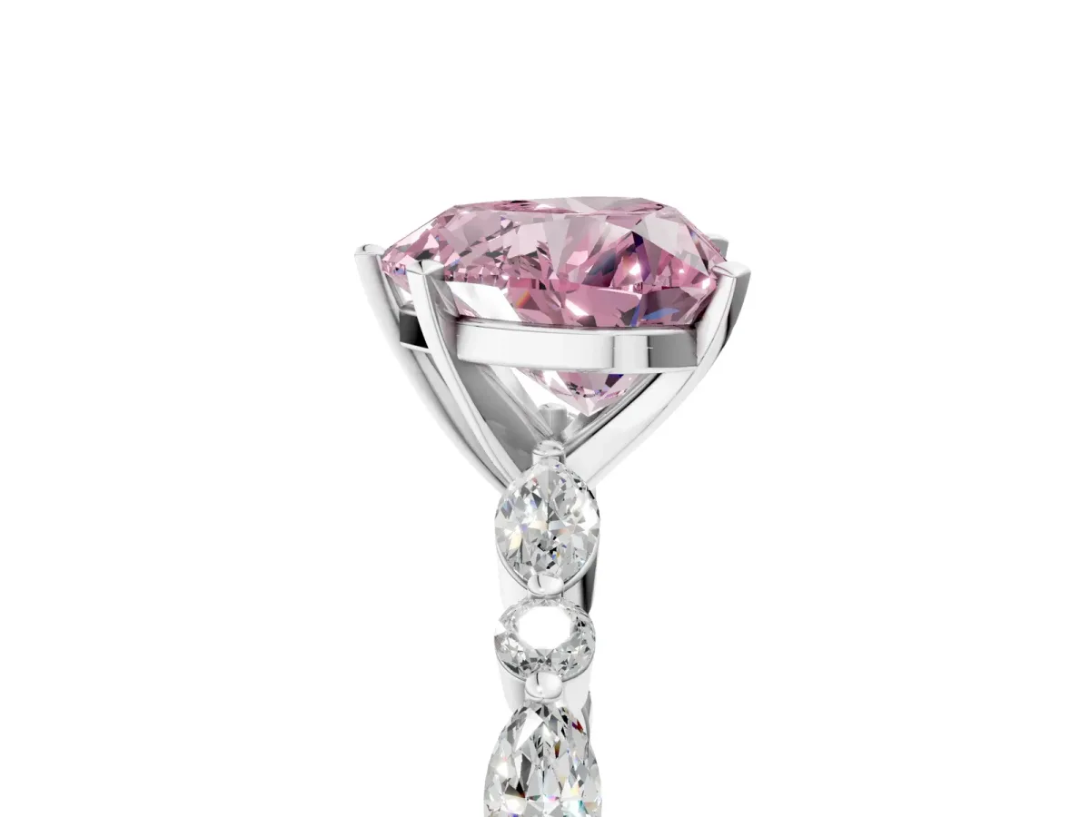 Fancy Pink Heart Cut Diamond Ring with Marquise and Round Side Stones and Four-Prong Setting Silver