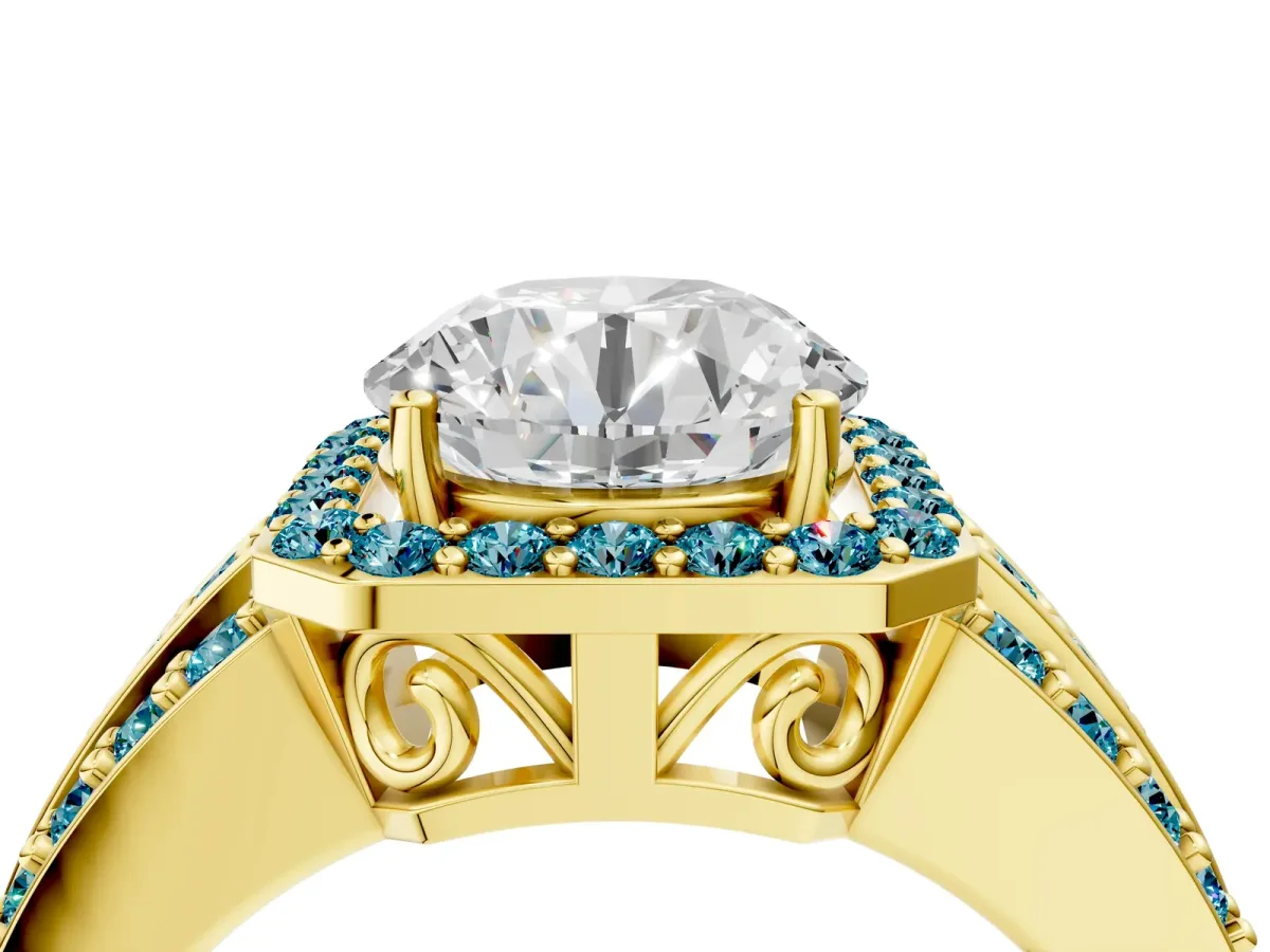 Round Cut Halo Diamond Ring with Round Blue Topaz Split Shank and Prong Setting Yellow gold