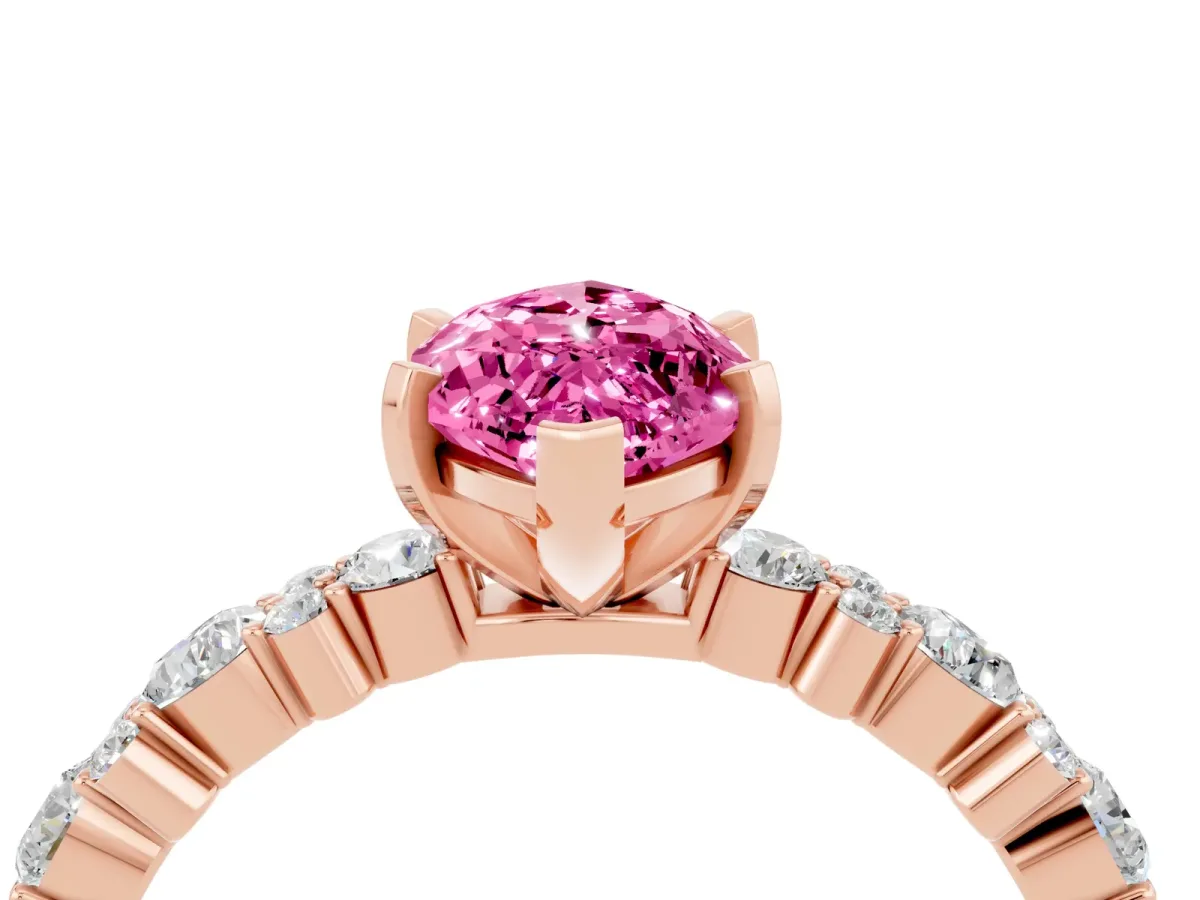Marquise Cut Pink Sapphire Side Stone Solitaire Ring with Round and Four-Prong Setting Rose gold