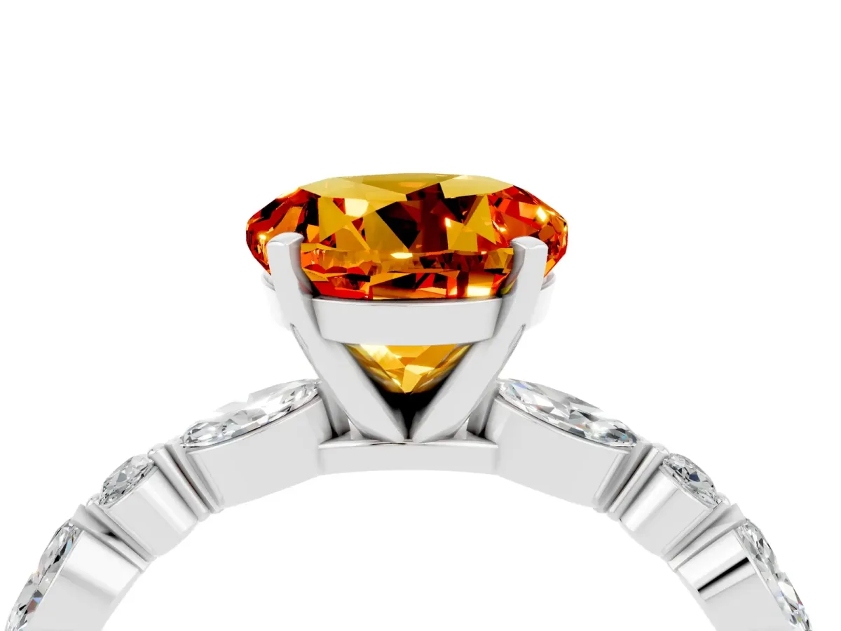 Round Cut Citrine Ring with Marquise and Round Side Stones and Four-Prong Setting Platinum