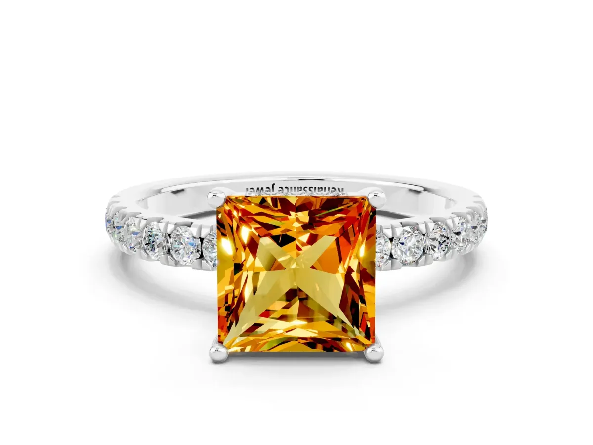 Princess Cut Citrine Pave Band Solitaire Ring with Round and Prong Setting Platinum