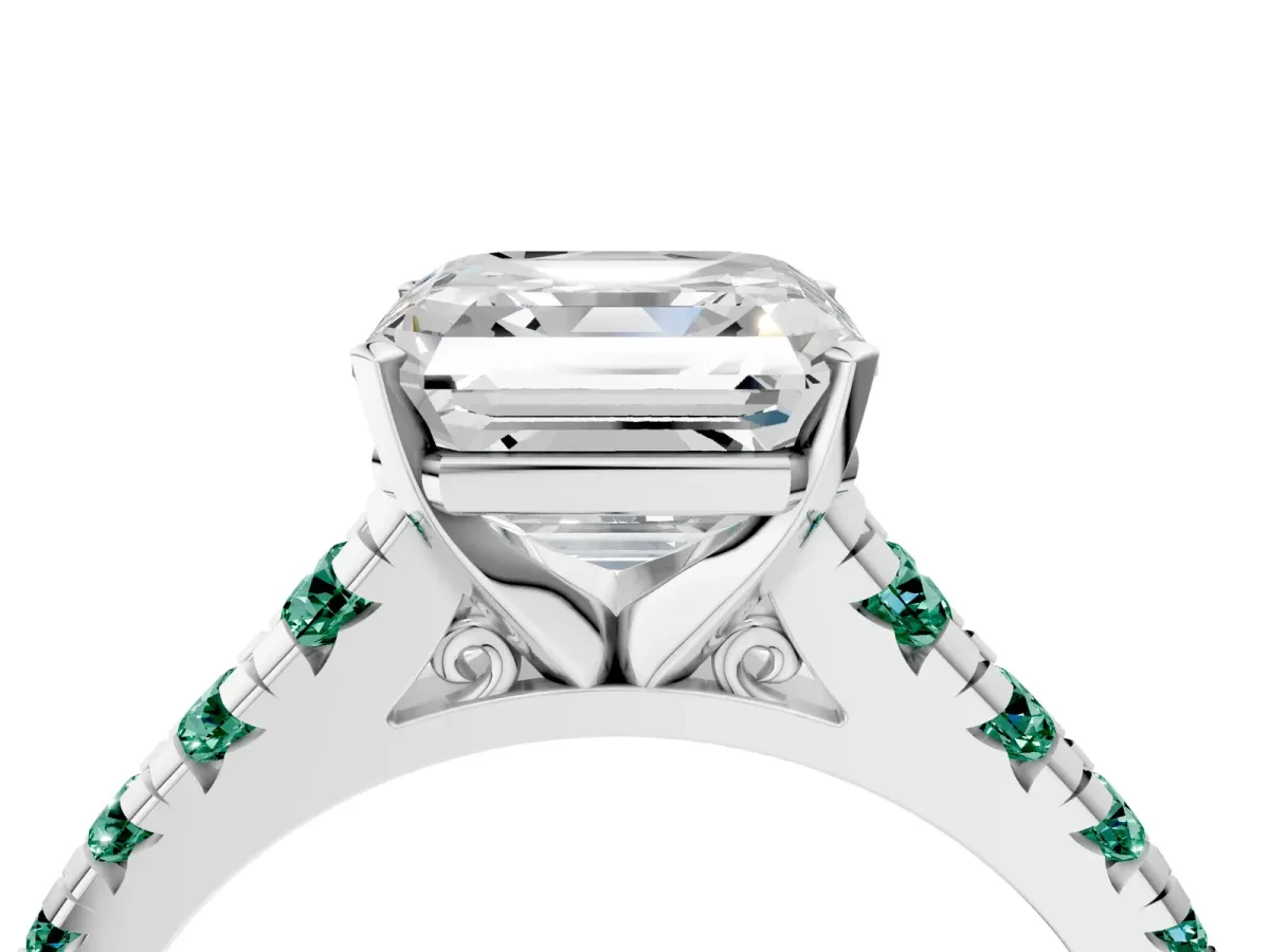 Asscher Cut Diamond Cathedral Solitaire Ring with Round Green Sapphire Pavé Band Silver