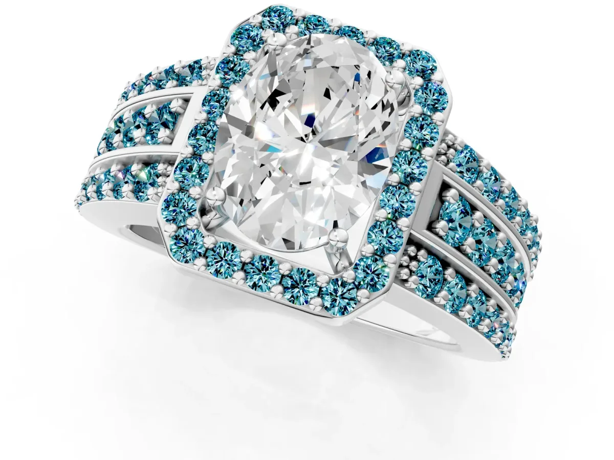 Oval Cut Halo Diamond Ring with Round Blue Topaz Split Shank and Prong Setting White gold