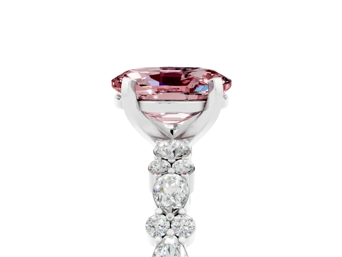 Oval Cut Morganite Side Stone Solitaire Ring with Round and Four-Prong Setting Silver
