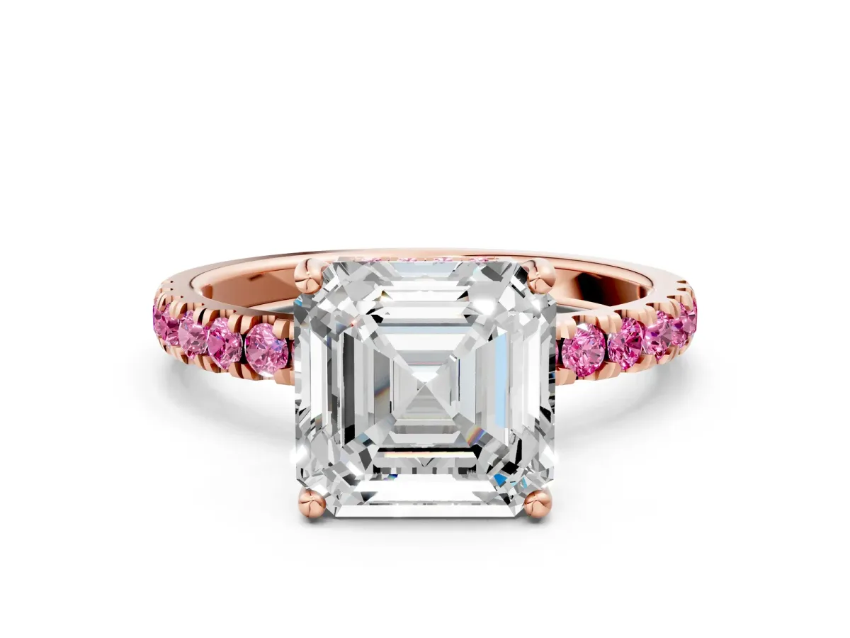 Asscher Cut Diamond Pave Band Solitaire Ring with Round Pink Sapphire and Prong Setting Rose gold