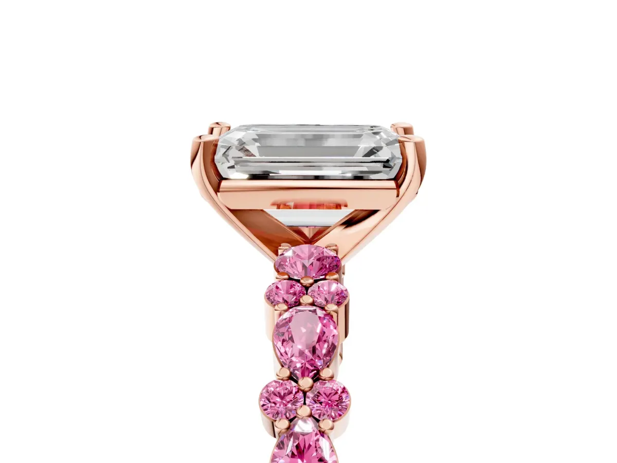 Emerald Cut Diamond Side Stone Solitaire Ring with Round Pink Sapphire and Four-Prong Setting Rose gold