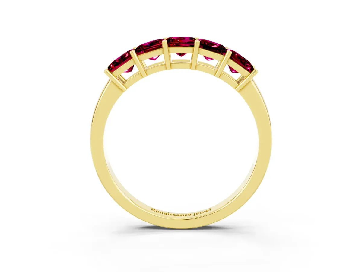 Princess Cut Five-Stone Garnet Band with Prong Setting Yellow gold