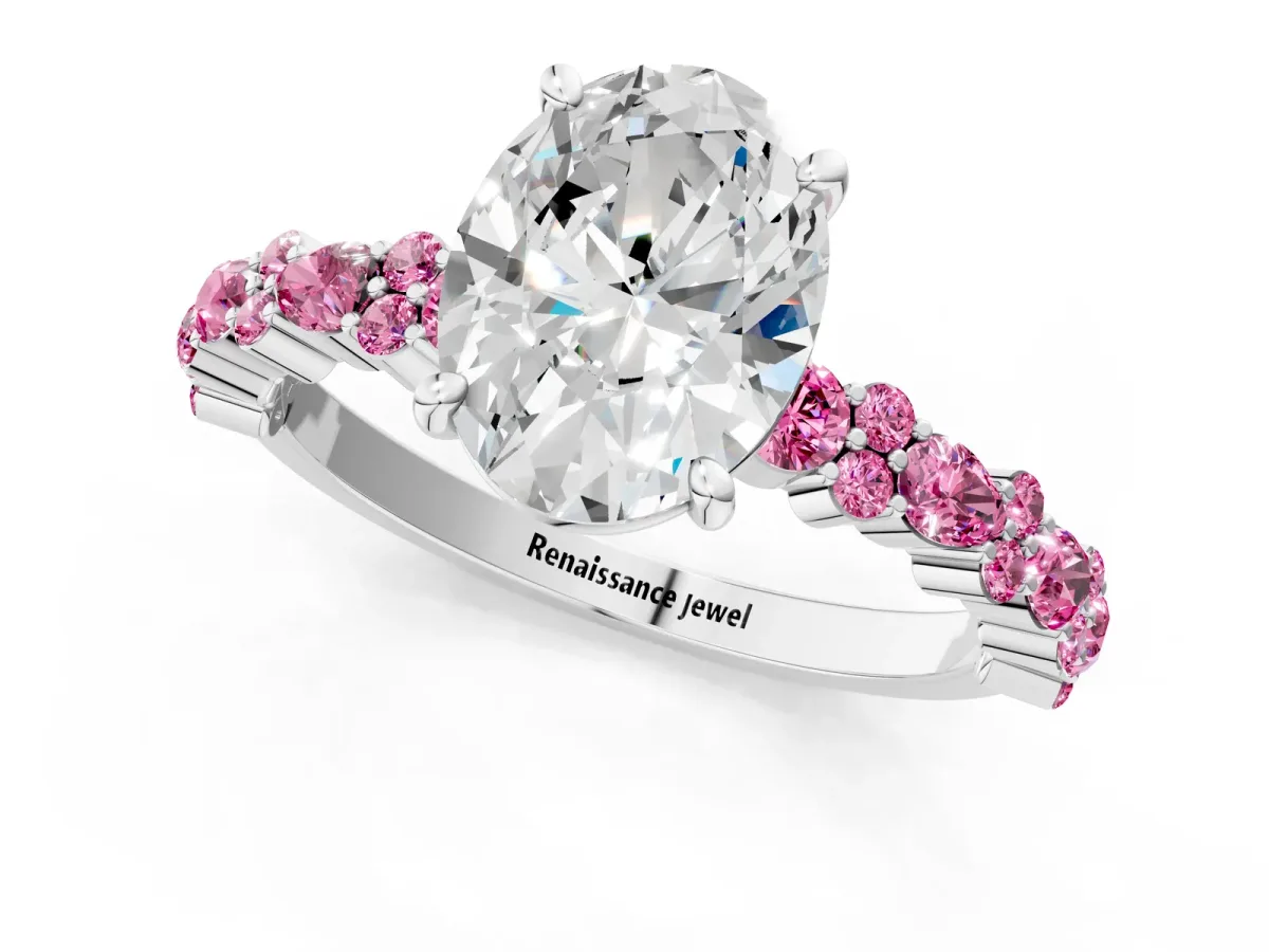 Oval Cut Diamond Side Stone Solitaire Ring with Round Pink Sapphire and Four-Prong Setting White gold