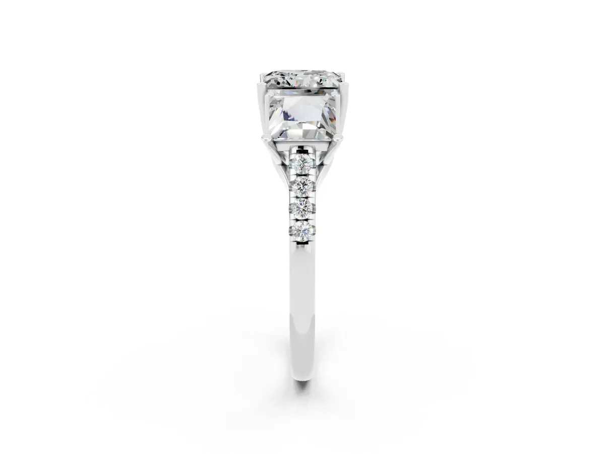 Three-Stone Princess Cut Moissanite Ring with Round Pavé Band and Prong Setting Silver