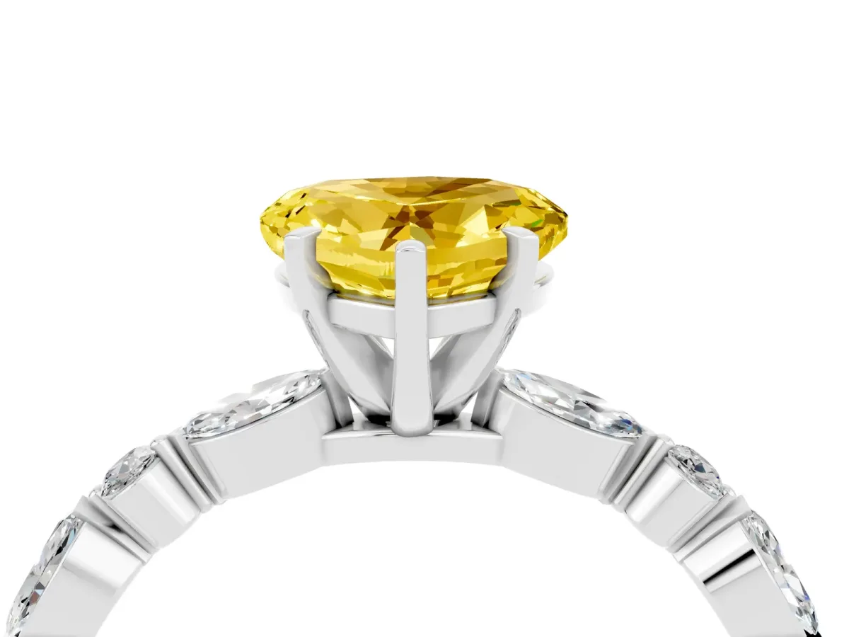 Heart Cut Yellow Sapphire Ring with Marquise and Round Side Stones and Four-Prong Setting Platinum