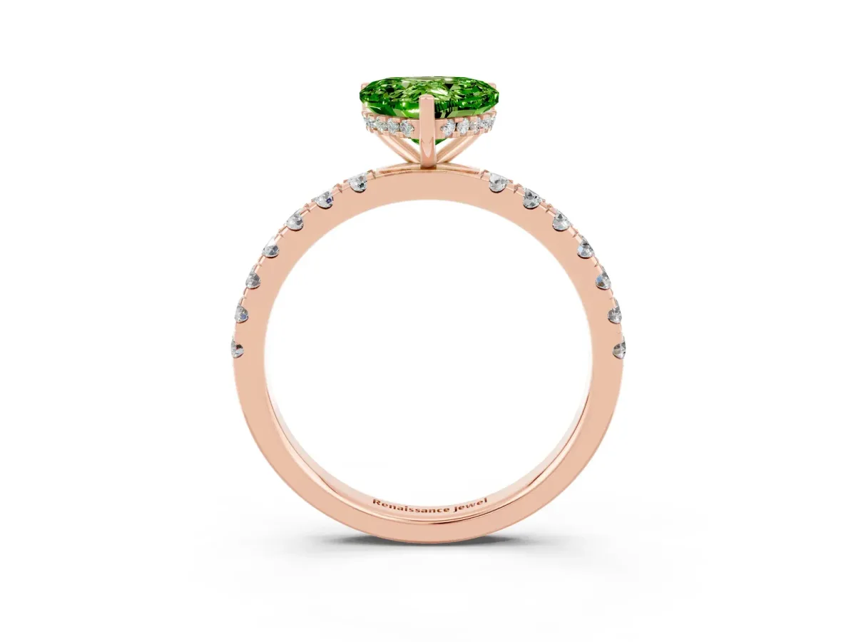 Heart Cut Peridot Pave Band Solitaire Ring with Round and Prong Setting Rose gold