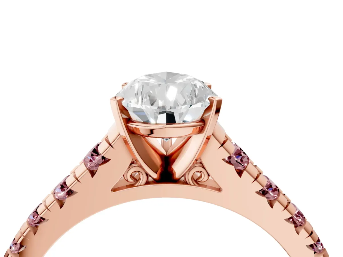 Pear Cut Diamond Cathedral Solitaire Ring with Round Morganite Pavé Band Rose gold