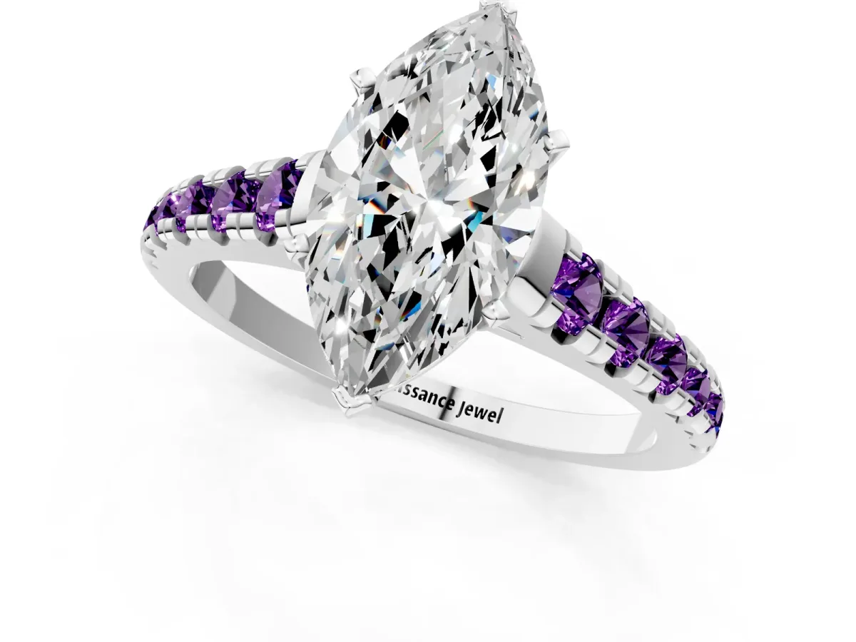 Marquise Cut Diamond Cathedral Solitaire Ring with Round Amethyst Pavé Band White gold