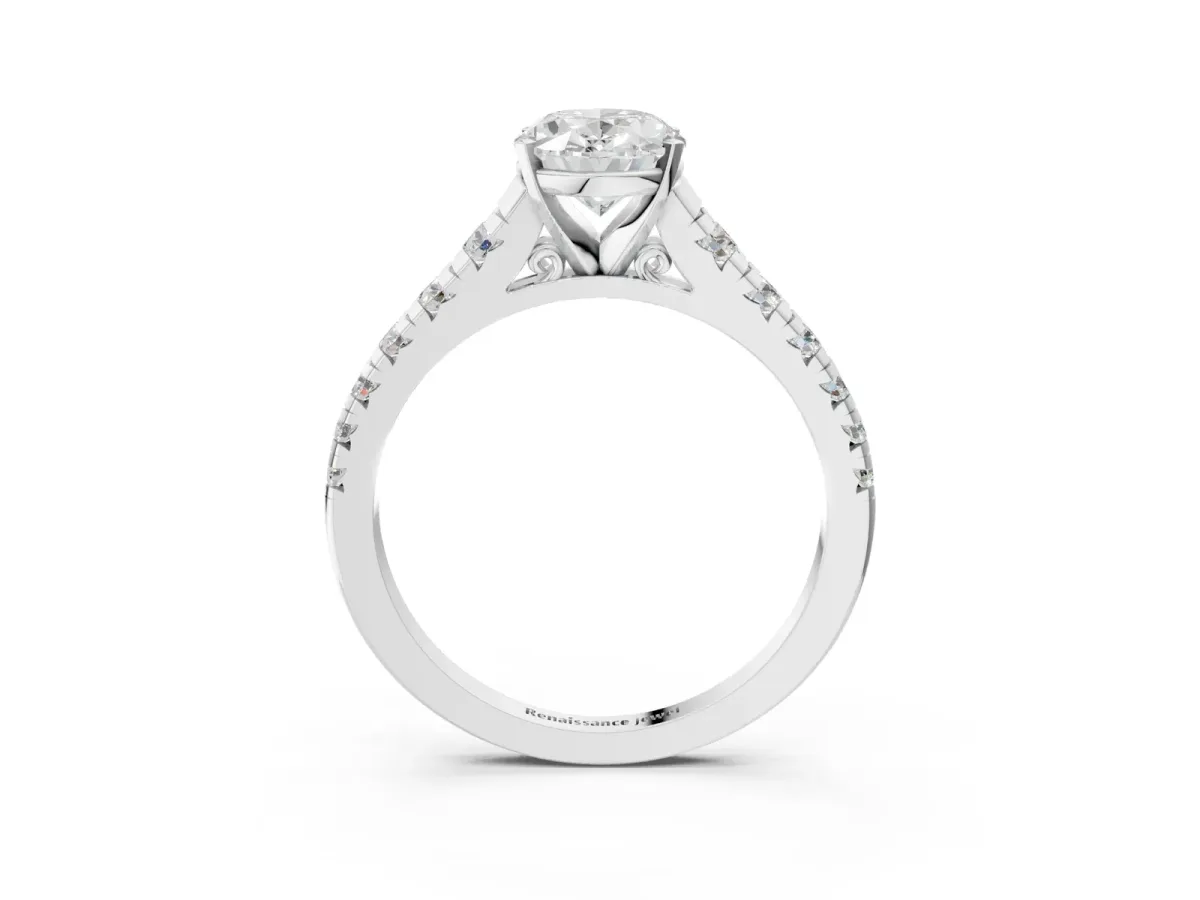 Oval Cut Diamond Cathedral Solitaire Ring with Round Moissanite Pavé Band White gold